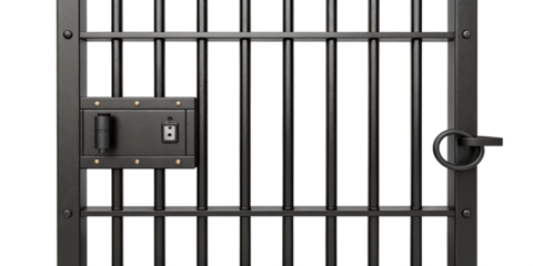 Realistic Iron Jail Cell Door with Lock Mechanism Isolated on Transparent Background
Heavy Metal Prison Door with Vertical Bars and Central Lock Front View