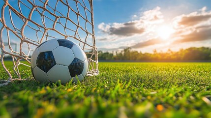 classic black and white soccer ball resting inside a net on green grass field during golden sunset with clear sky and scattered clouds