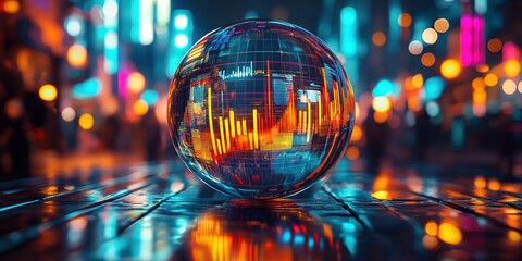 Transparent glass sphere with glowing financial chart reflections on wet urban pavement against blurred colorful city lights at night