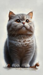 Fototapeta premium Fluffy gray cat with big round eyes sitting attentively on the ground surrounded by dry leaves, looking curious and calm