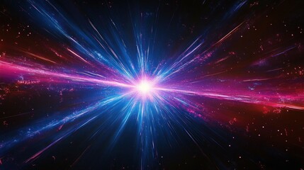 Bright white light explosion emitting dynamic vibrant blue and pink light rays with scattered glowing particles on a dark background, evoking cosmic energy