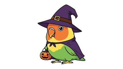 Enchanting Parrot in Costume: A whimsical parrot is ready for Halloween. wearing witch hat, the bird clutches a tiny pumpkin bag, embodying playful charm.