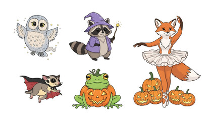 Whimsical Animal Characters Set: Featuring an owl, raccoon, fox, frog, and a glider, each in unique attire or pose, creating a delightful and imaginative cartoon illustration. 