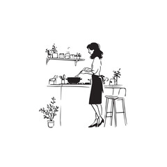 Black and White Illustration of Beautiful Woman Cooking in the Kitchen Minimalist Elegant Artwork Design