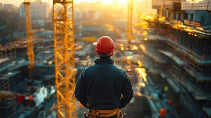 Fototapeta premium Construction worker in safety helmet standing and overlooking busy construction site during sunset with cranes and building structures