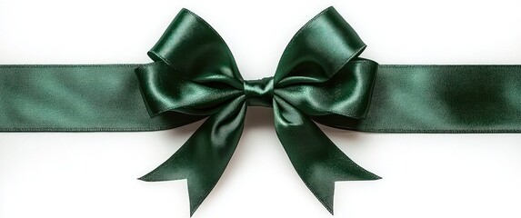 Elegant dark green satin ribbon tied in a symmetrical bow on a plain white background