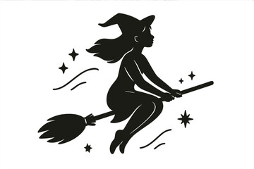 Halloween witch silhouette vector. Young woman character flying on a broom in the night sky with stars. Mystical sorceress magic concept for a spooky fantasy holiday.