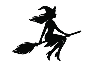 Witch silhouette flying on a broomstick. Beautiful woman in a hat. Halloween magic character icon. Vector illustration of a sorceress. Black fairytale mystery symbol isolated.