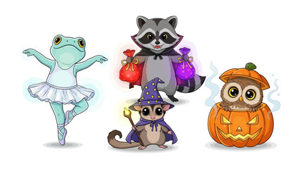 Halloween Animal Party: Cute illustration of animals dressed in costumes for Halloween, bringing a sense of whimsy and enchantment.