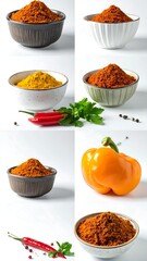 Collage of various spice powders in bowls, with peppers and herbs