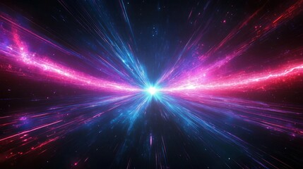 Bright blue and pink cosmic explosion with radiant streaks of light expanding outward in space
