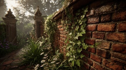 Gently Lit Brick Wall With Ivy And Garden Path
