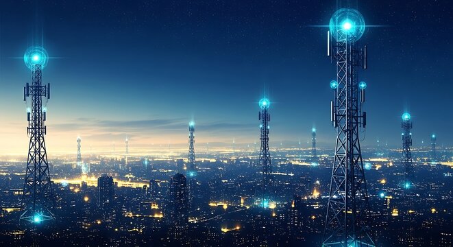 Futuristic cityscape with glowing communication towers at night, symbolizing advanced technology, connectivity, and the digital age