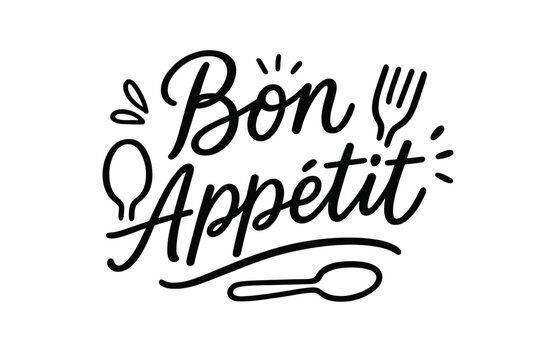 Bon appetit hand written lettering quote. French food phrase for enjoy your meal. Hand drawn calligraphy for restaurant menu. Linear typography illustration with fork and spoon.