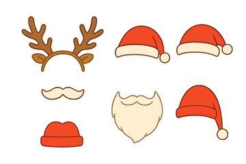 Christmas photo booth props set for party. Santa Claus face constructor with beard, mustache, and hats. Create a character with funny reindeer antlers. Vector elements kit.