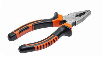 Obraz premium Three types of pliers—needle-nose, combination, and diagonal cutting—arranged on white background, featuring metallic heads and black-orange ergonomic handles, showcasing essential hand tools.