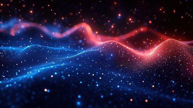 Glowing dynamic wave patterns of blue and red particles creating a flowing abstract digital landscape with sparkling light effects in a dark space