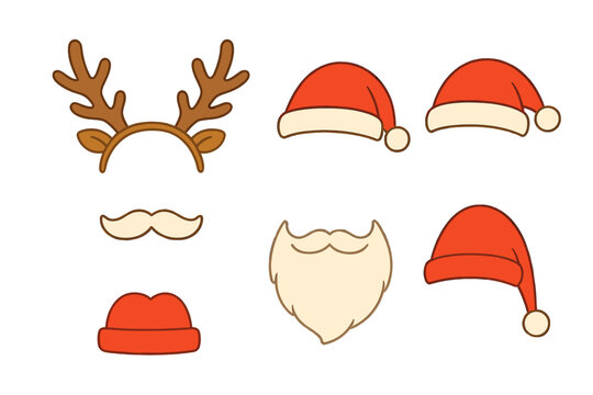 Christmas photo booth props set for party. Santa Claus face constructor with beard, mustache, and hats. Create a character with funny reindeer antlers. Vector elements kit.