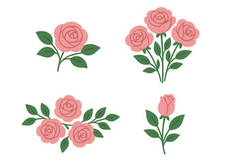 Set of pink roses vector illustrations. Collection of floral design elements with flowers, leaves. Flower bouquets and branches for wedding invitation, card, decoration. Botanical flat art.