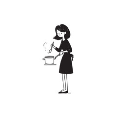 Black and White Illustration of Beautiful Woman Cooking in the Kitchen Minimalist Elegant Artwork Design