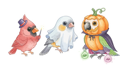 Halloween Birds in Costume: Three charming birds, each uniquely dressed in whimsical Halloween costumes, evoke a sense of festive fun and childlike wonder.