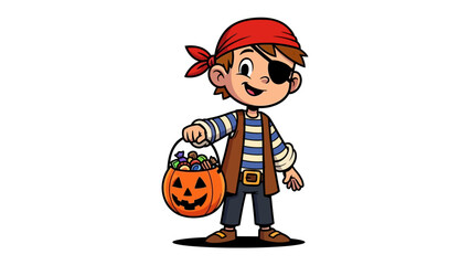 Halloween Pirate's Candy Treasure: A charming illustration of a young, eye-patched pirate, decked in a costume, holds a jack-o'-lantern candy bucket. A perfect image for festive themes.