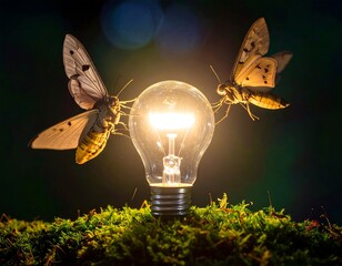 Two moths near a glowing lightbulb on moss