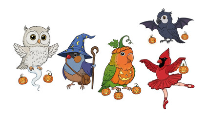 Halloween avian ensemble: A captivating array of whimsical bird illustrations, each uniquely adorned for Halloween, set against a clean backdrop.