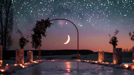 Enchanting wedding ceremony setup under starry night sky with crescent moon, romantic event, celestial celebration, outdoor party, dreamy landscape, gala