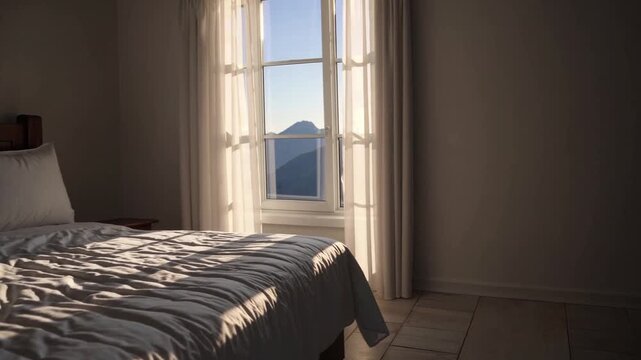 Sunlight filters into a cozy bedroom with a mountain view in the early morning