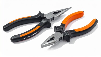 Fototapeta premium Three types of pliers—needle-nose, combination, and diagonal cutting—arranged on white background, featuring metallic heads and black-orange ergonomic handles, showcasing essential hand tools.