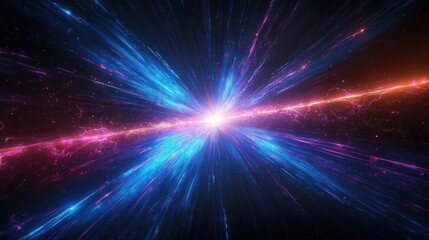 Obraz premium Bright cosmic explosion with dynamic blue and purple energy beams radiating outward in a dark space background conveying force and energy