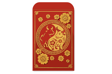 Chinese New Year greeting card. Red packet money envelope, ang pau design. Year of the Ox zodiac sign. Gold paper cut ox in yin and yang symbol. Asian floral craft style.