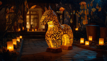 Illuminated horse lantern sculpture glowing warmly amidst a festive nighttime display