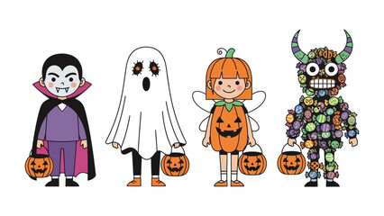 Halloween Costume Parade: A charming illustration capturing four children dressed in classic Halloween costumes. Each child holds a pumpkin basket.