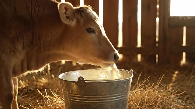 Adorable Calf Drinking from a Bucket in a Barn