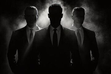 Three men wearing suits and ties standing closely together in a dark, smoky environment with dramatic backlighting creating silhouettes and a mysterious atmosphere