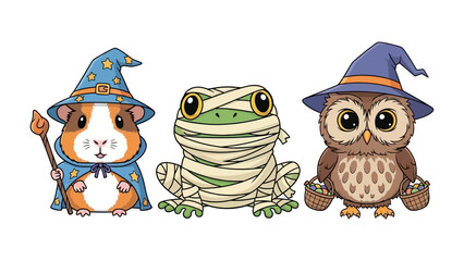 Spooky Trio of Halloween: A bewitching collection of Halloween-themed characters featuring a wizardly guinea pig, a mummy frog, and a wise owl ready for a night of festive fun.