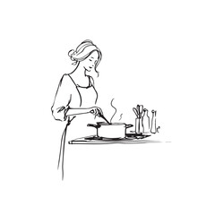 Black and White Illustration of Beautiful Woman Cooking in the Kitchen Minimalist Elegant Artwork Design