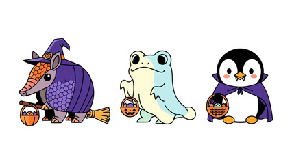 Halloween Critter Parade: A delightful trio of whimsical creatures, an armadillo, frog, and penguin, dressed in charming Halloween costumes, ready for trick-or-treating.