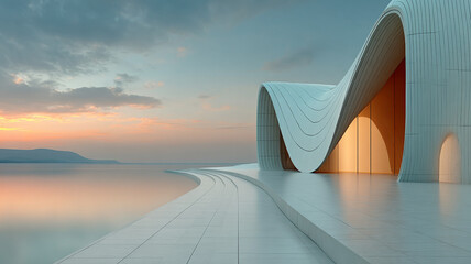 Tower with angular geometry and spotlight illumination at dusk.
