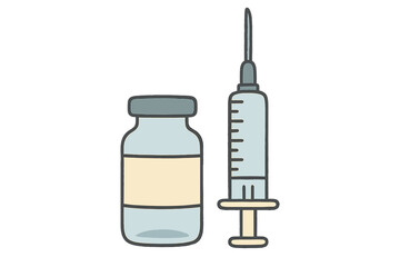 Medical equipment elements. Syringe and vaccine jab bottle shot. Hand drawn flat vector style illustration for promoting immunization and vaccination. Medicine, health care concept.