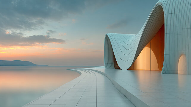 Tower with angular geometry and spotlight illumination at dusk.
