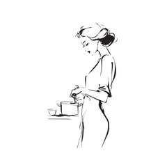 Black and White Illustration of Beautiful Woman Cooking in the Kitchen Minimalist Elegant Artwork Design
