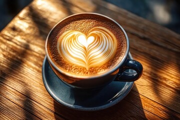 close-up of a blue ceramic cup with latte art in the shape of a heart on a wooden table with warm natural sunlight creating cozy shadows