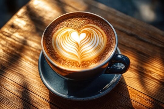 close-up of a blue ceramic cup with latte art in the shape of a heart on a wooden table with warm natural sunlight creating cozy shadows - Powered by Adobe