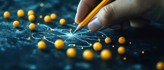 Close-up of a hand drawing a molecular or atomic diagram with a yellow pencil on a dark surface surrounded by yellow spherical particles, conveying focus and scientific exploration