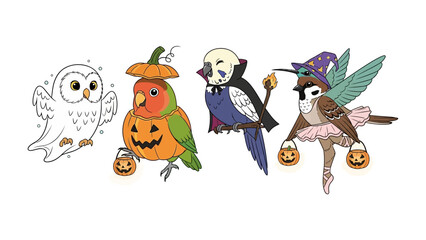 Halloween Birds in Costume: A delightful quartet of animated birds dressed in creative Halloween costumes and festive accessories. Capturing the whimsical charm and spirit of the holiday. 