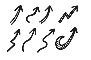 Hand-drawn black arrow set with transparent background, vector illustration of various curved and zigzag directional arrows, simple doodle style, uptrend and flow symbols