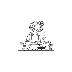 Black and White Illustration of Beautiful Woman Cooking in the Kitchen Minimalist Elegant Artwork Design
